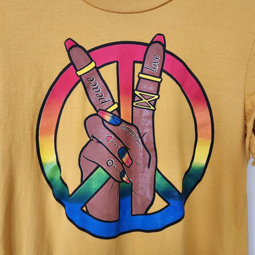 Hippie Girl Fringe Peace Sign Rainbow Graphic T-Shirt Yellow Boho Festival Cute - Picture 3 of 7